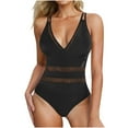 thumbnail image 1 of WREESH Women's Sheer Mesh One Piece Swimsuit Fashion Tummy Control Slim V-Neck Bathing Suit Summer Beach Swimwear Black, 1 of 9