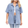 thumbnail image 1 of WREESH Women's Denim Shirt Fashion Button Down Shirts Lapel Collar Solid Color Short Sleeve Casual Shirt Light Blue, 1 of 8