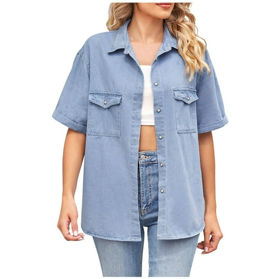 WREESH Women's Denim Shirt Fashion Button Down Shirts Lapel Collar Solid Color Short Sleeve Casual Shirt Light Blue