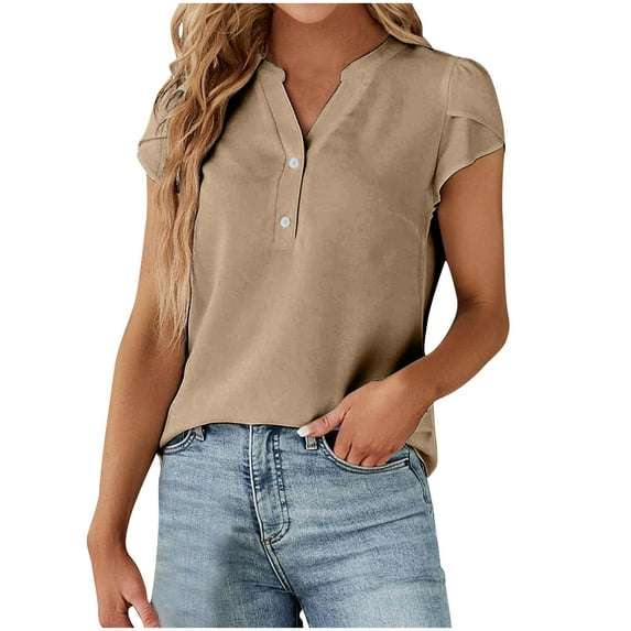 WREESH Women's Dressy Casual Henley Shirts Short Sleeve V-Neck Button Top Solid Color Business Work Blouse for Women Khaki
