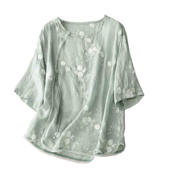 WREESH Women's Embroidery Boho Button Down Blouses Cotton Linen with Printed Loose Shirts and Three Quarter Sleeves, Solid Color 3/4 Sleeve Tops Green