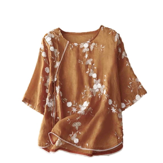 WREESH Women's Embroidery Boho Button Down Blouses Cotton Linen with Printed Loose Shirts and Three Quarter Sleeves, Solid Color 3/4 Sleeve Tops Orange