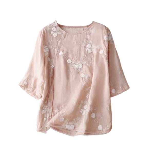 WREESH Women's Embroidery Boho Button Down Blouses Cotton Linen with Printed Loose Shirts and Three Quarter Sleeves, Solid Color 3/4 Sleeve Tops Pink