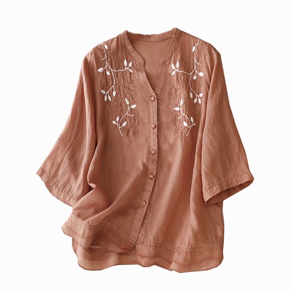 WREESH Women's Embroidery Boho Button Down Tops Cotton Linen Blouses with Printed Loose Shirts Casual V-Neck Pullover with 3/4 Sleeve Top Orange