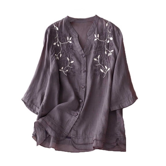 WREESH Women's Embroidery Boho Button Down Tops Cotton Linen Blouses with Printed Loose Shirts Casual V-Neck Pullover with 3/4 Sleeve Top Purple
