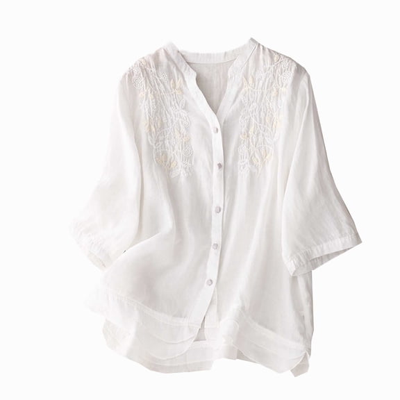 WREESH Women's Embroidery Boho Button Down Tops Cotton Linen Blouses with Printed Loose Shirts Casual V-Neck Pullover with 3/4 Sleeve Top White