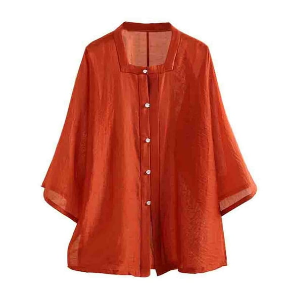 WREESH Women's Embroidery Boho Tops Button Down Shirts Solid Color Button Loose Shirt with Medium Sleeve Top for a Bohemian Look Red