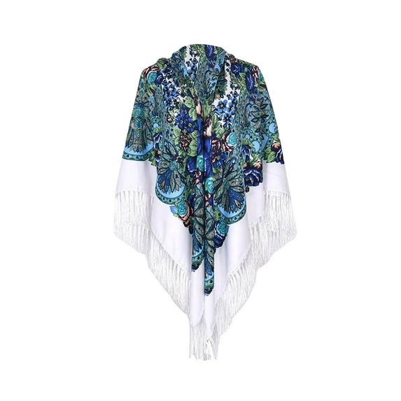 WREESH Women's Ethnic Style Shawl Printed Scarf With Tassel, Pairing for Cheongsam Blue