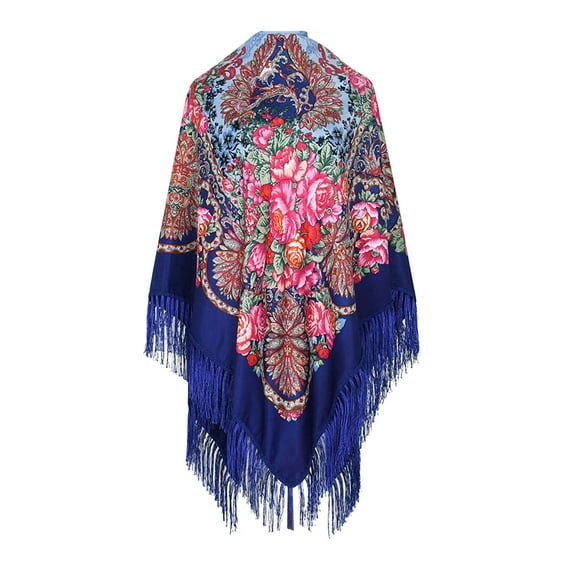 WREESH Women's Ethnic Style Shawl Printed Scarf With Tassel, Pairing for Cheongsam Dark Blue