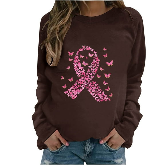 WREESH Women's Fall Crewneck Sweatshirt Pink Ribbon Graphic Crewneck Pullover Tops Brown
