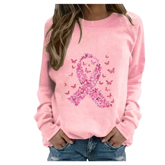 WREESH Women's Fall Crewneck Sweatshirt Pink Ribbon Graphic Crewneck Pullover Tops Pink