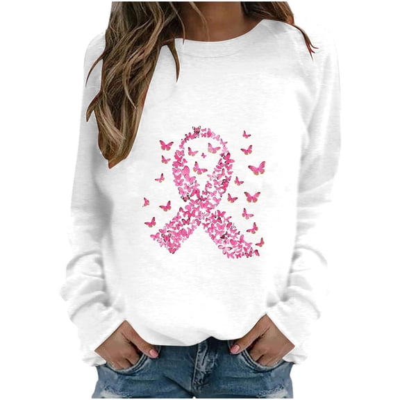 WREESH Women's Fall Crewneck Sweatshirt Pink Ribbon Graphic Crewneck Pullover Tops White