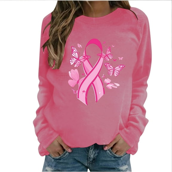 WREESH Women's Fall Graphic Pink Ribbon Sweatshirt Casual Long Sleeve Breast Cancer Awareness Top Hot Pink