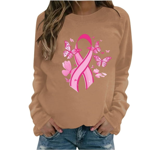 WREESH Women's Fall Graphic Pink Ribbon Sweatshirt Casual Long Sleeve Breast Cancer Awareness Top Khaki