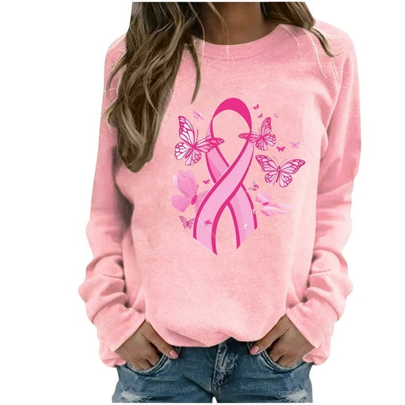 WREESH Women's Fall Graphic Pink Ribbon Sweatshirt Casual Long Sleeve Breast Cancer Awareness Top Pink