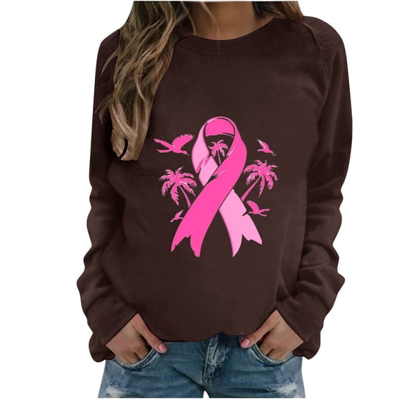 WREESH Women's Fall Long Sleeve Breast Cancer Awareness Sweatshirt Loose Crewneck Pullover Top Pink Ribbon Graphic Shirts Brown