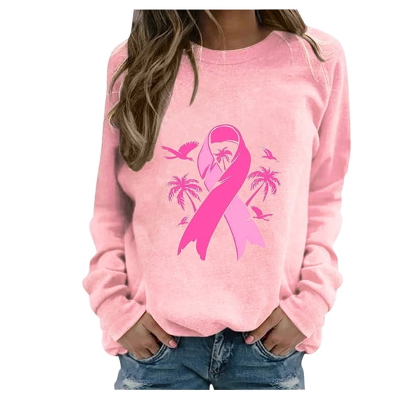 WREESH Women's Fall Long Sleeve Breast Cancer Awareness Sweatshirt Loose Crewneck Pullover Top Pink Ribbon Graphic Shirts Pink