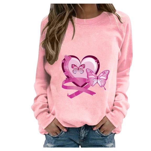 WREESH Women's Fall Long Sleeve Sweatshirt Pink Ribbon Heart Graphic Casual Pullover Tops Pink
