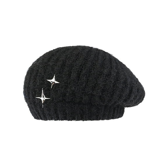 WREESH Women's Fall Winter Knitted Beret Thickened Warm Hat, Versatile Knitted Hat Show Face Small Artist Hat Black