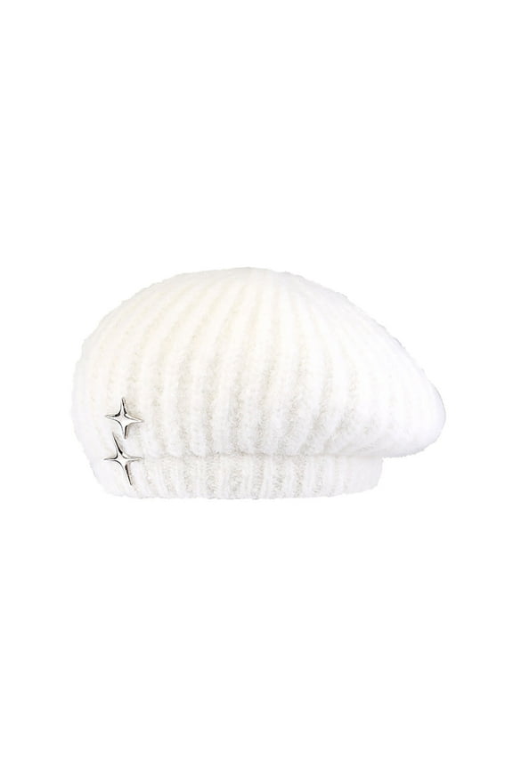 Women's Fall Winter Knitted Beret Thickened Warm Hat, Versatile Knitted Hat Show Face Small Artist Hat White