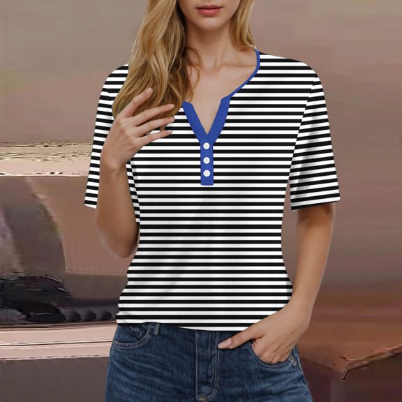 WREESH Women's Fashion Henley Shirt Striped Printing Short Sleeve V-Neck T-Shirt Casual Loose Button Top with Striped Print Black