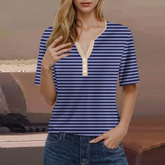 WREESH Women's Fashion Henley Shirt Striped Printing Short Sleeve V-Neck T-Shirt Casual Loose Button Top with Striped Print Dark Blue