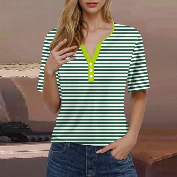 WREESH Women's Fashion Henley Shirt Striped Printing Short Sleeve V-Neck T-Shirt Casual Loose Button Top with Striped Print Green