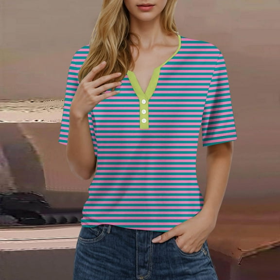 WREESH Women's Fashion Henley Shirt Striped Printing Short Sleeve V-Neck T-Shirt Casual Loose Button Top with Striped Print Pink