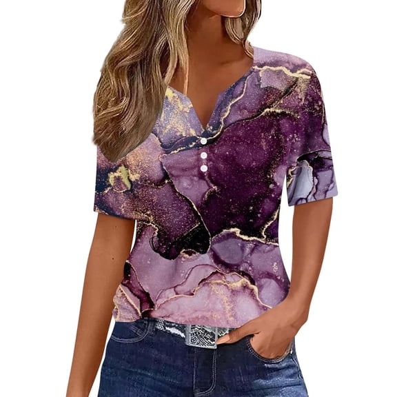 WREESH Women's Fashion Henley Shirts Short Sleeve Graphic Print Casual Tops Loose V-Neck Button T-Shirt Purple