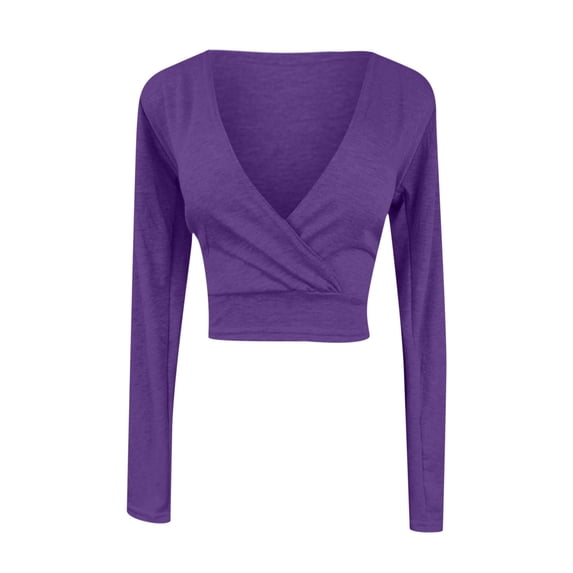 WREESH Women's Fashion Long Sleeve V-Neck T-Shirt for Tummy Control Casual Women's Solid Color Cross Fit Crop Top Purple