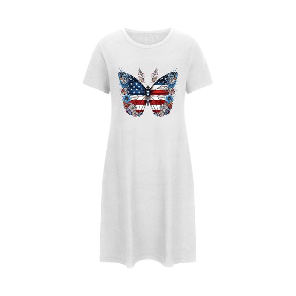 WREESH Women's Fashion Nightgown: Oversized Short T-Shirt Dress with 4th of July Theme Print Crew Neck Ideal for Summer Comfort White