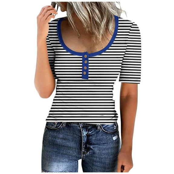 WREESH Women's Fashion Ribbed Knit Crop Top Short Sleeve Henley Style with Striped Print Round-Neck Button T-Shirt Black