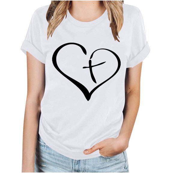 WREESH Women's Fashion Round Neck Blouse Short Sleeve Blouse with Graphic Print White