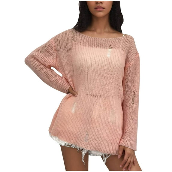 WREESH Women's Fashion Sheer Sweater Casual Long Sleeve Round Neck Pullover Solid Color Ripped Knit Sweater Ladies Tops Blouse Sweater Pink