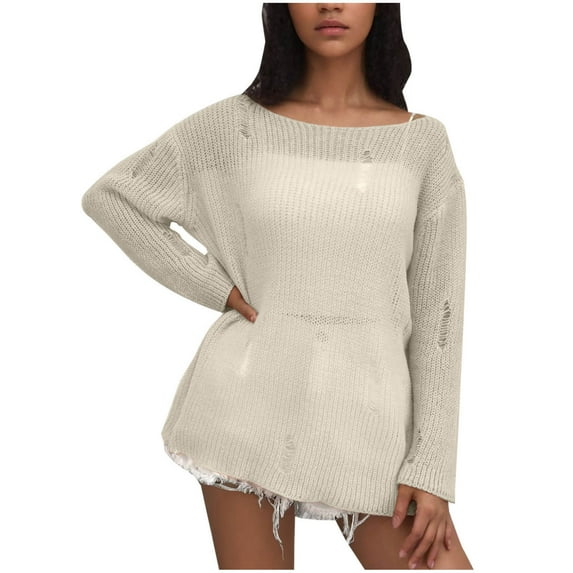 WREESH Women's Fashion Sheer Sweater Casual Long Sleeve Round Neck Pullover Solid Color Ripped Knit Sweater Ladies Tops Blouse Sweater White
