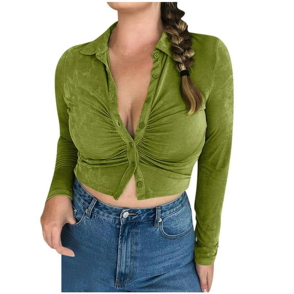 WREESH Women's Fashion Solid Color Button Crop Top Pleated Open Front Cardigan Long Sleeve Tops Green