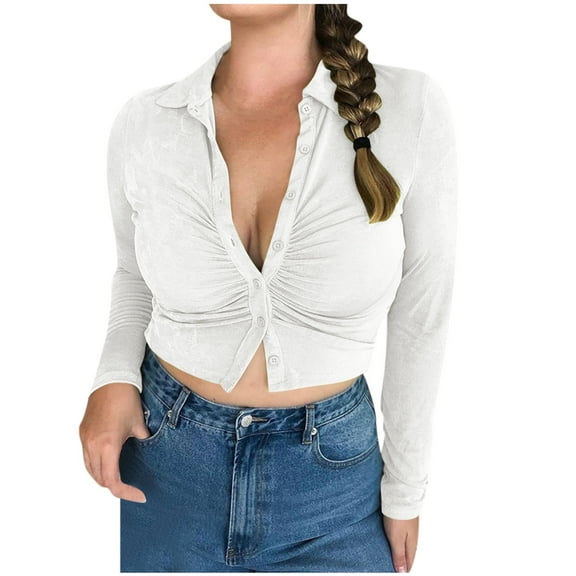WREESH Women's Fashion Solid Color Button Crop Top Pleated Open Front Cardigan Long Sleeve Tops White