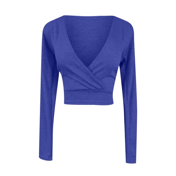 WREESH Women's Fashion Solid Color Long Sleeve V-Neck T-Shirt Casual Women's Tummy Control Cross Fit Crop Top Blue
