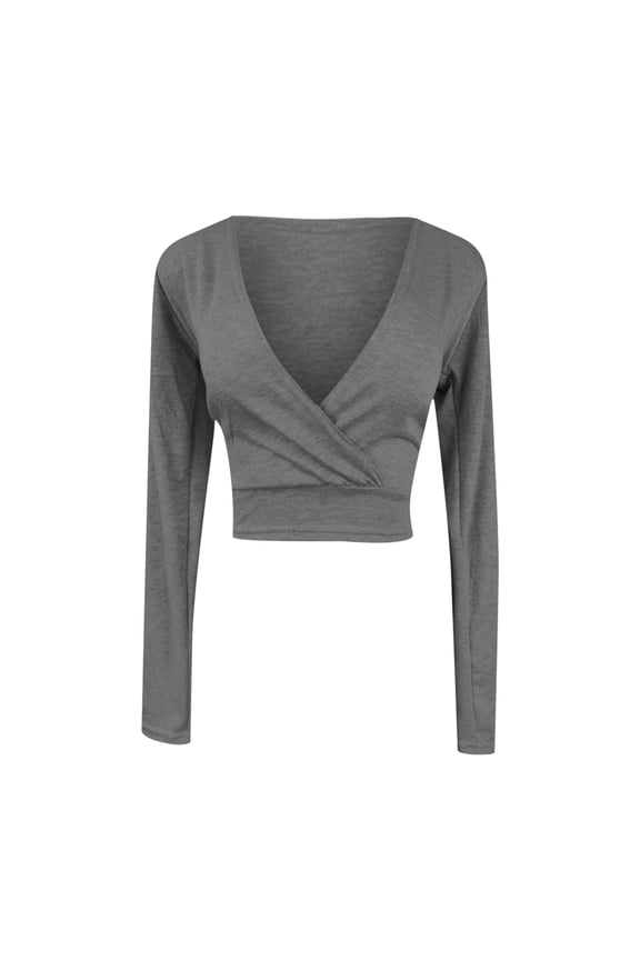 Women's Fashion Solid Color Long Sleeve V-Neck T-Shirt Casual Women's Tummy Control Cross Fit Crop Top Dark Gray