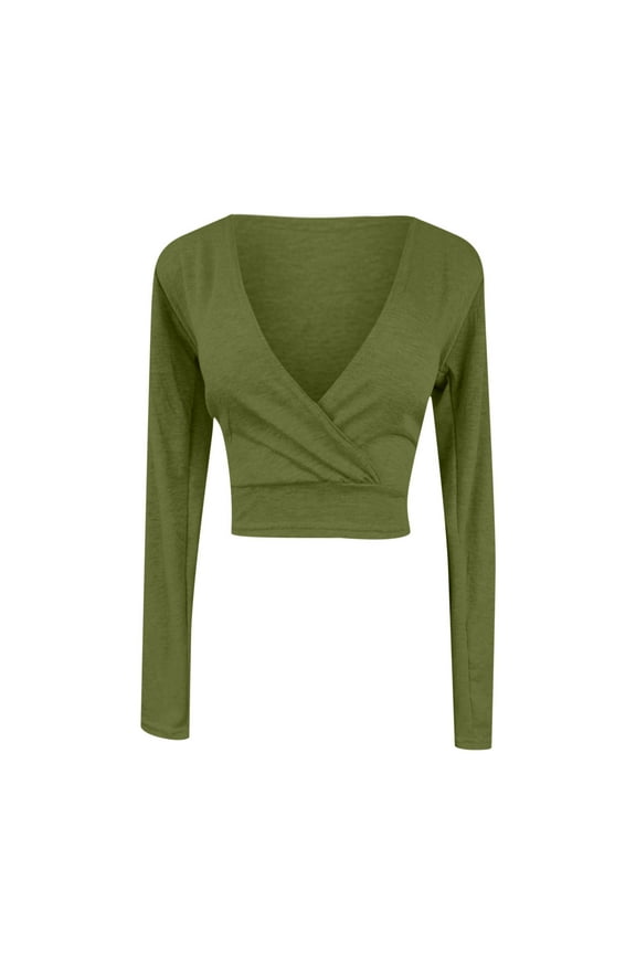 Women's Fashion Solid Color Long Sleeve V-Neck T-Shirt Casual Women's Tummy Control Cross Fit Crop Top Olive Green
