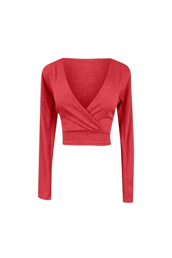 Women's Fashion Solid Color Long Sleeve V-Neck T-Shirt Casual Women's Tummy Control Cross Fit Crop Top Red