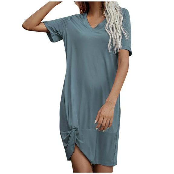 WREESH Women's Fashion T-Shirt Dress Summer V-Neck Short Sleeve with Loose Comfort Blue