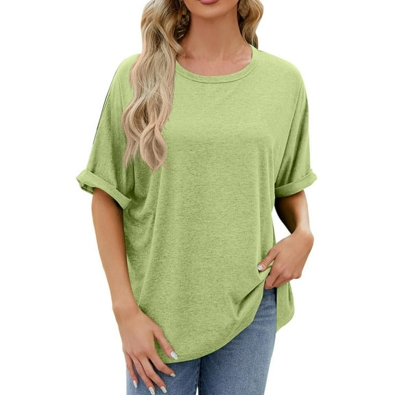WREESH Women's Fashion Tops Oversized Short Sleeve Crew Neck T-Shirts in Solid Colors Green