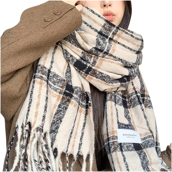 WREESH Women's Fashion Winter Thickened Plaid Blanket Scarf, Warm Retro Couple Shawl With Necklace Beige