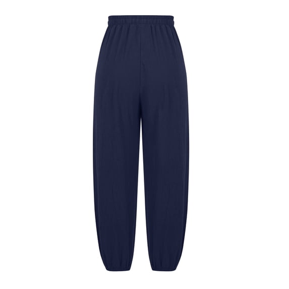 WREESH Women's Fashionable Capri Pants Cotton Linen Pants Solid Color Perfect for Summer Wear Navy