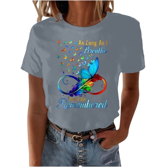 WREESH Women's Fit Graphic Crew Neck Tee Summer Short Sleeve Printed Top Gray