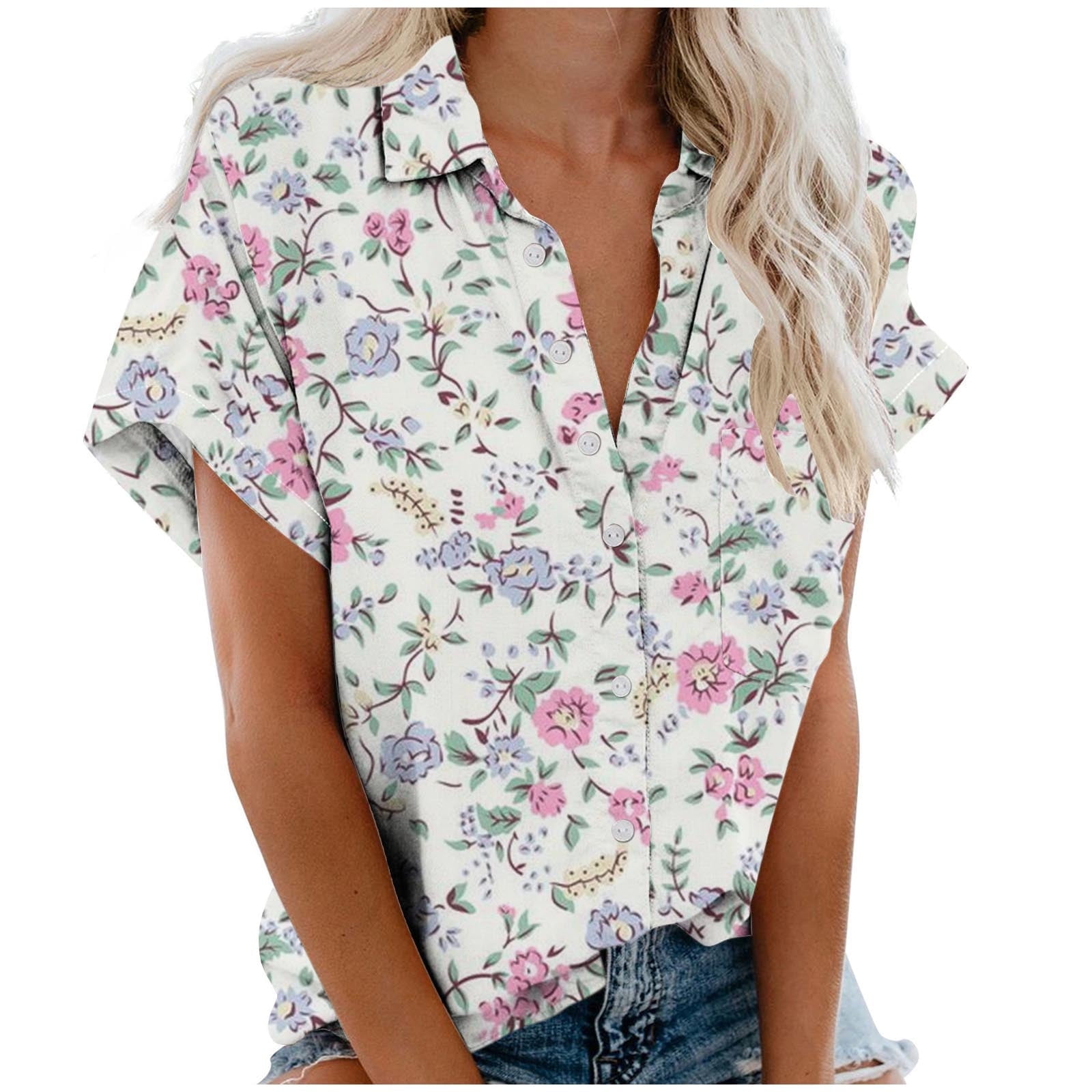 Cotton Floral Ruffle Collar Button-Down Short Sleeve Top