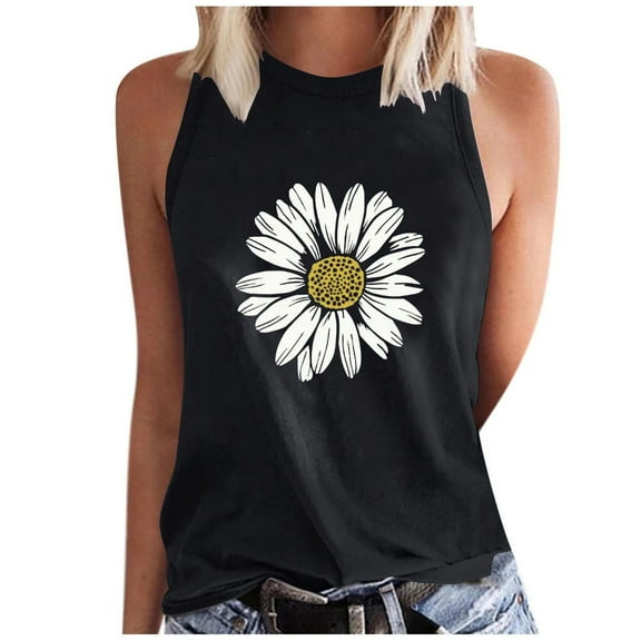 WREESH Women's Floral Graphic Tank Top Crew Neck Sleeveless Summer Fashion Casual T-Shirts Black