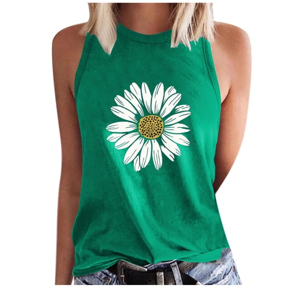 WREESH Women's Floral Graphic Tank Top Crew Neck Sleeveless Summer Fashion Casual T-Shirts Green
