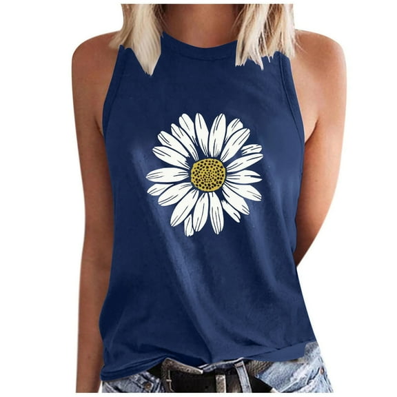 WREESH Women's Floral Graphic Tank Top Crew Neck Sleeveless Summer Fashion Casual T-Shirts Navy